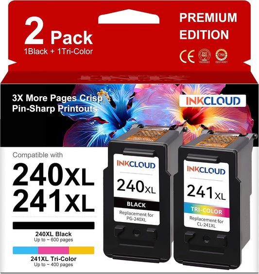 Remanufactured Compatible Canon 240 XL 241 XL PG-240XL CL-241XL Ink Cartridges for Canon Pixma MG3620 TS5120 MG3520 MG3600 MG3220 MG3222 MG2120 MX472 MX452 MX512 MX532 (1 Black, 1 Tri-Color) | Used to PIXMA MG3620 MG3520 TS5120 MX472 MX532 MX452 MG2120 MG