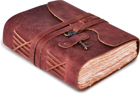 Vintage Leather Journal – 200 Handmade Vintage Watercolor Deckle Edge Paper – Leather bound Journal For Women Men – Key Lock Closure - Book of Shadows - Red Brown - 13X8 inches