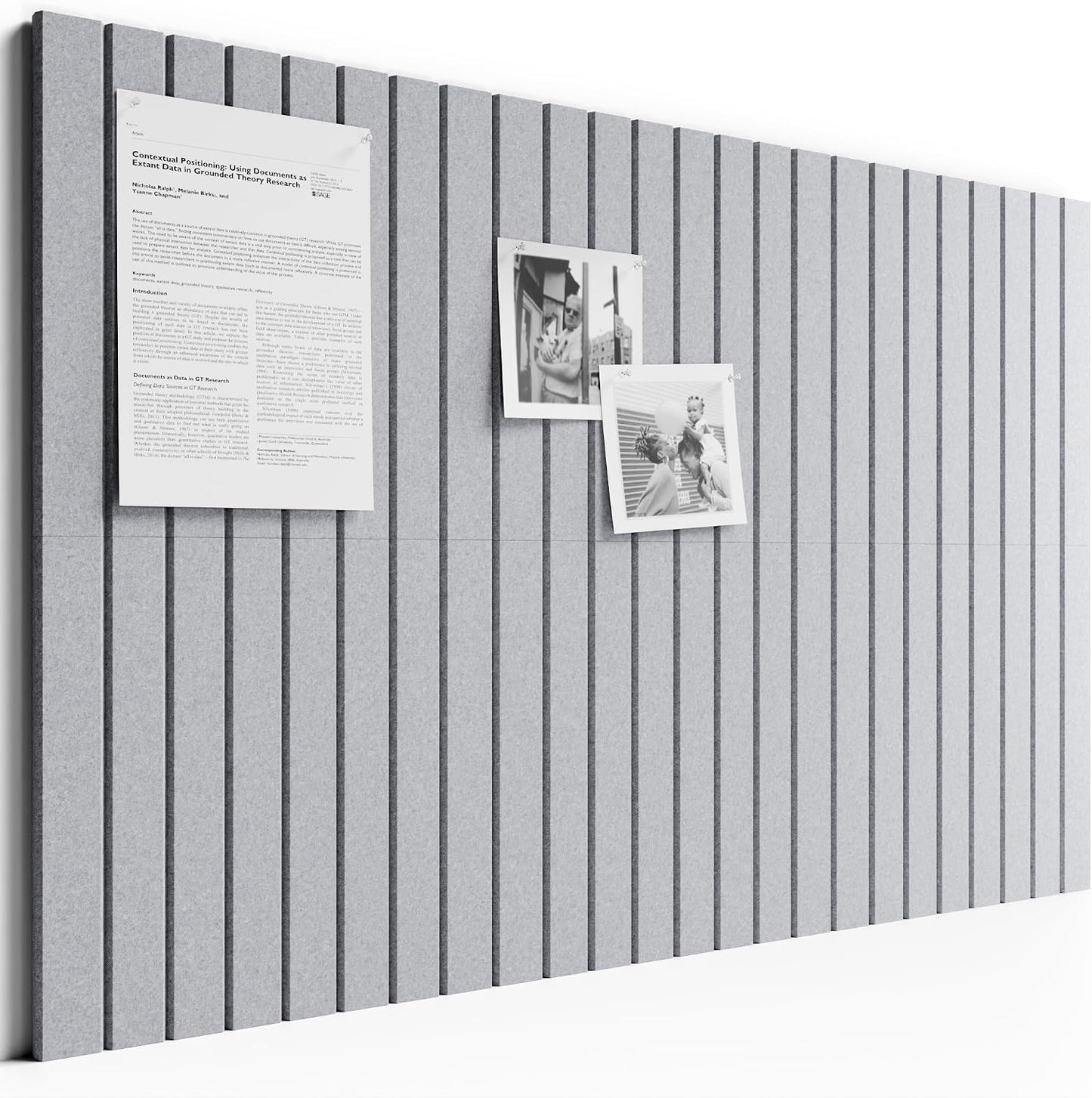 Large Felt Bulletin Board, Cork Board Alternative, Felt Wall Tiles with 30 Push Pins and Adhesive Tabs, Ideal for Office, Home & Classroom Decor, 6-Pack Fine Stripe-Soft Gray