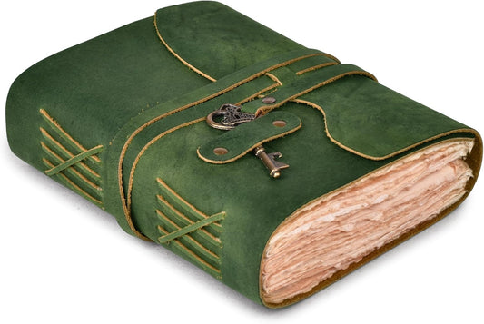 Vintage Leather Journal – 200 Handmade Vintage Watercolor Deckle Edge Paper – Leather bound Journal For Women Men – Key Lock Closure - Book of Shadows - Green - 13X8 inches