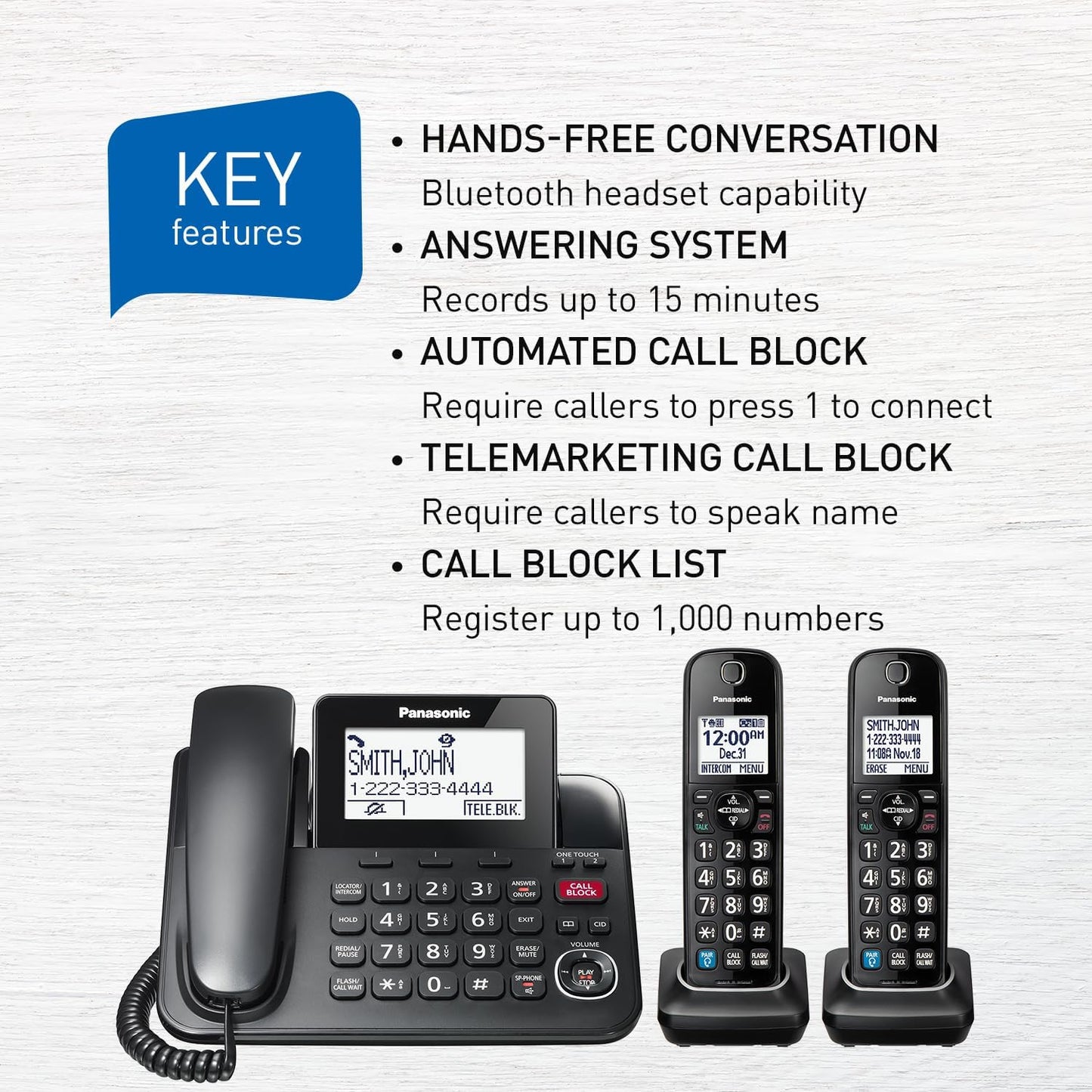 Expandable Corded Phone System, Bluetooth Pairing for Wireless Headphones and Hearing Aids, Smart Call Block, Bilingual Talking Caller ID, 2 Handsets - KXTGF892B (Black)