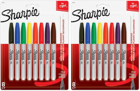 Permanent Markers, Fine Point, Assorted Colours, 8 Count (Pack of 2)