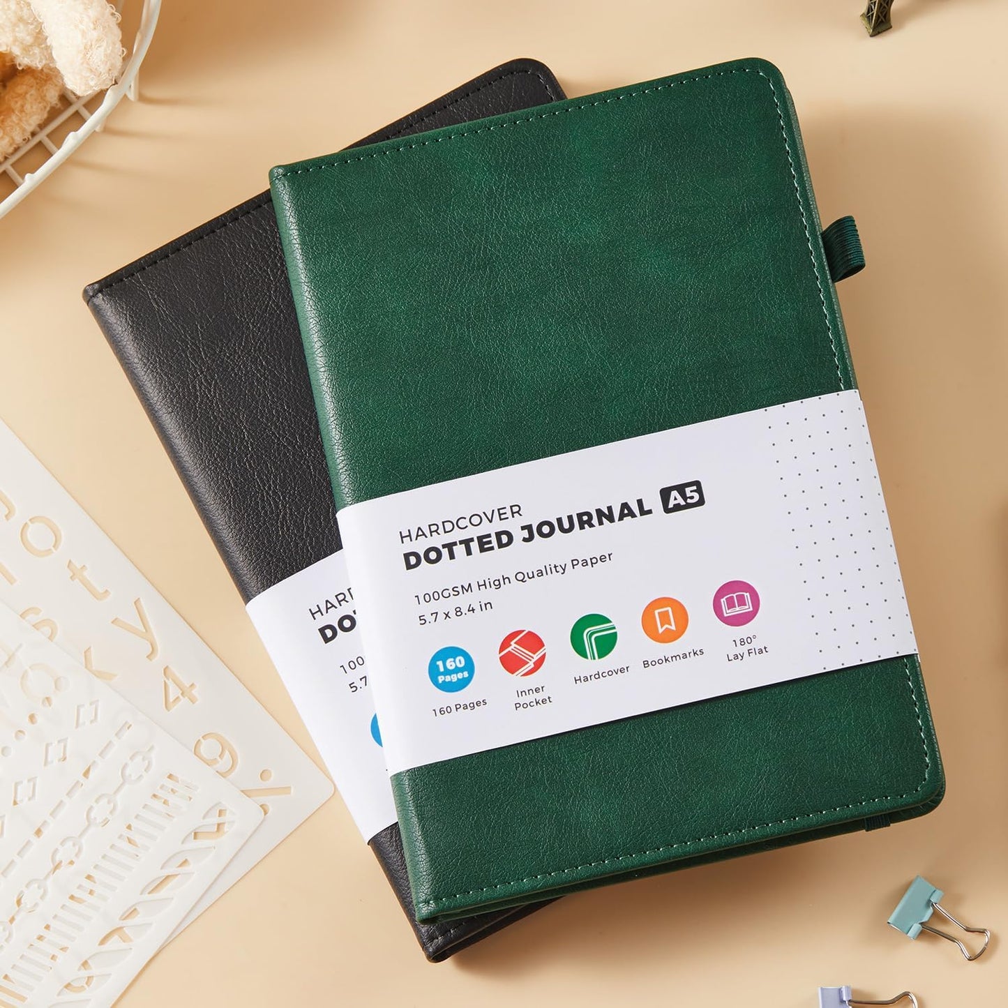 2 Pack Bullet Dotted Journal Notebook, Hardcover Leather A5 Dot Grid Notebook Journaling Supplies for Women/ Men Work Writing, 100GSM Thick Paper, No Bleed, Inner Pocket, Green Black, 5.7" x 8.4"
