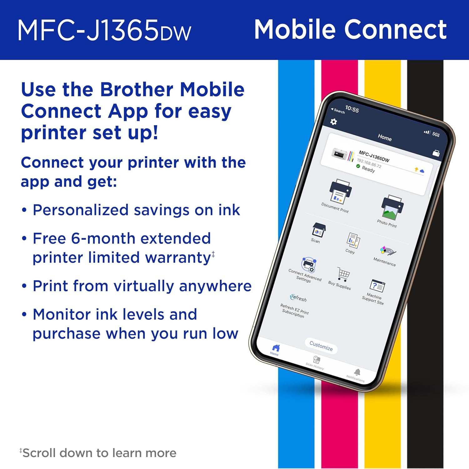 INKvestment 1365 Wireless Color Inkjet All-in-One Printer with Automatic Duplex Printing and 1.8” Color Display | Includes Refresh Subscription Trial(1) (MFC-J1365DW) | Wireless Inkvestment Aio, Auto Duplex, 1.8 Color Display, 150-Sheet Tray, 20-Page Adf,