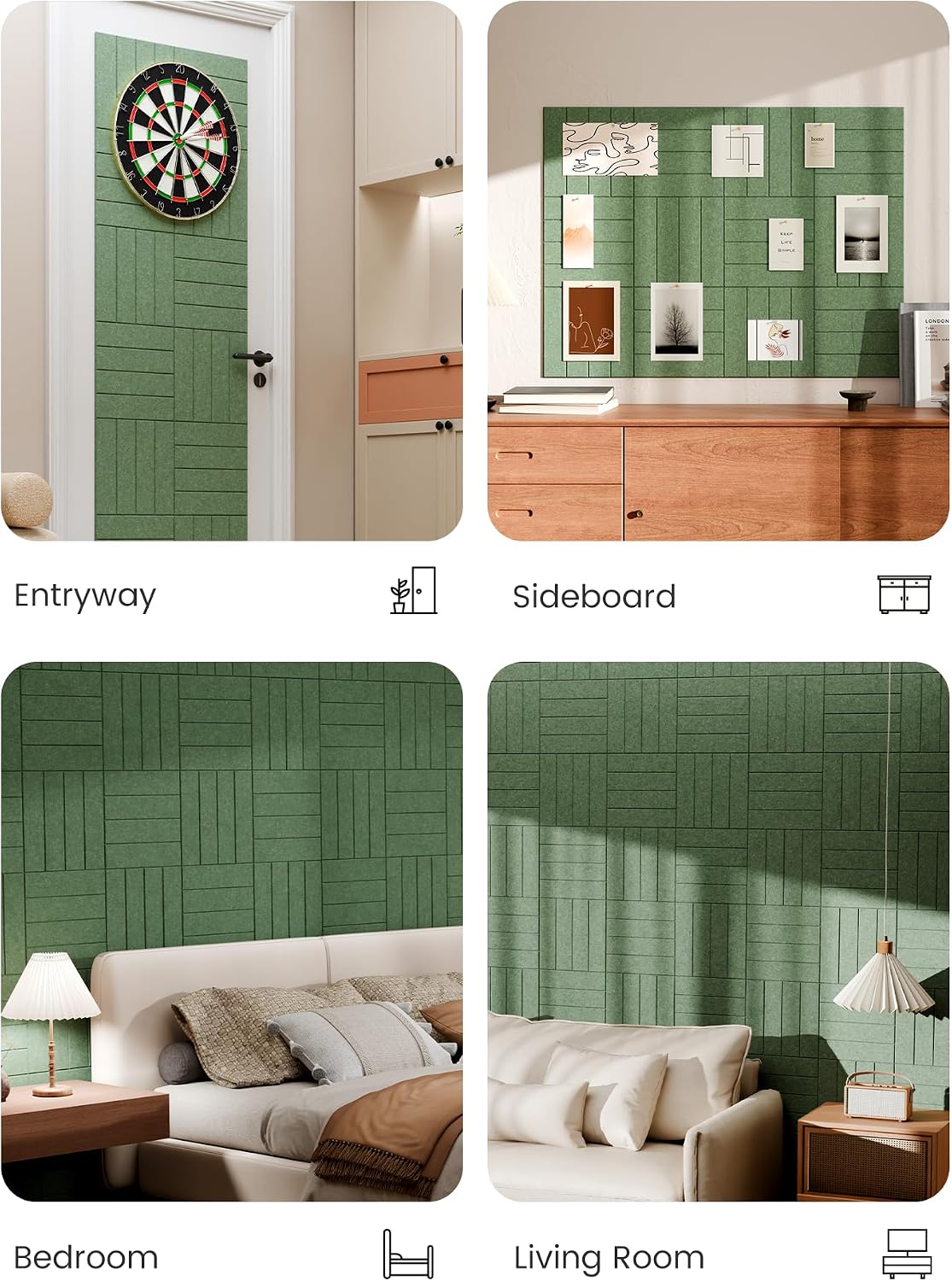 Large Felt Bulletin Board, 48" x 36" Cork Board Alternative, 12-Pack Bold Stripe Felt Wall Tiles with 30 Push Pins and 70 Adhesive Tabs, Ideal for Office, Home & Classroom, Moss Green