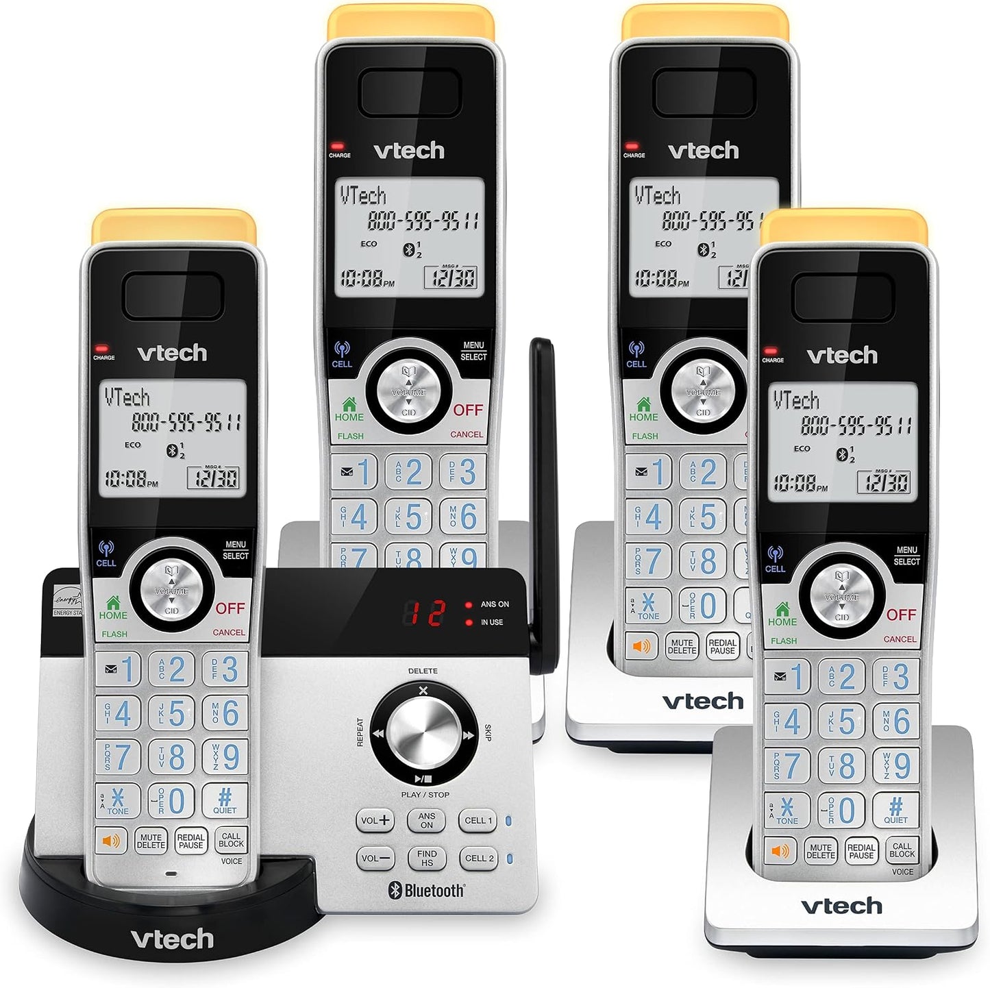 4-Handset Expandable Cordless Phone with Super Long Range, Bluetooth Connect to Cell, Smart Call Blocker and Answering System, IS8121-4 (Silver/Black)