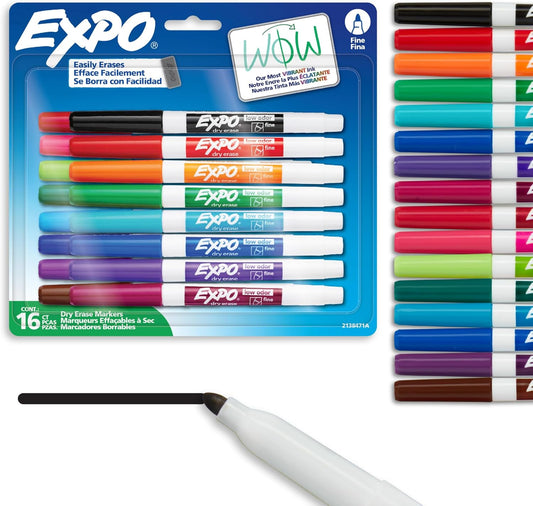 Dry Erase Markers, Whiteboard Markers with Low Odour Ink, Fine Tip, Assorted Vibrant Colours, 16 Count