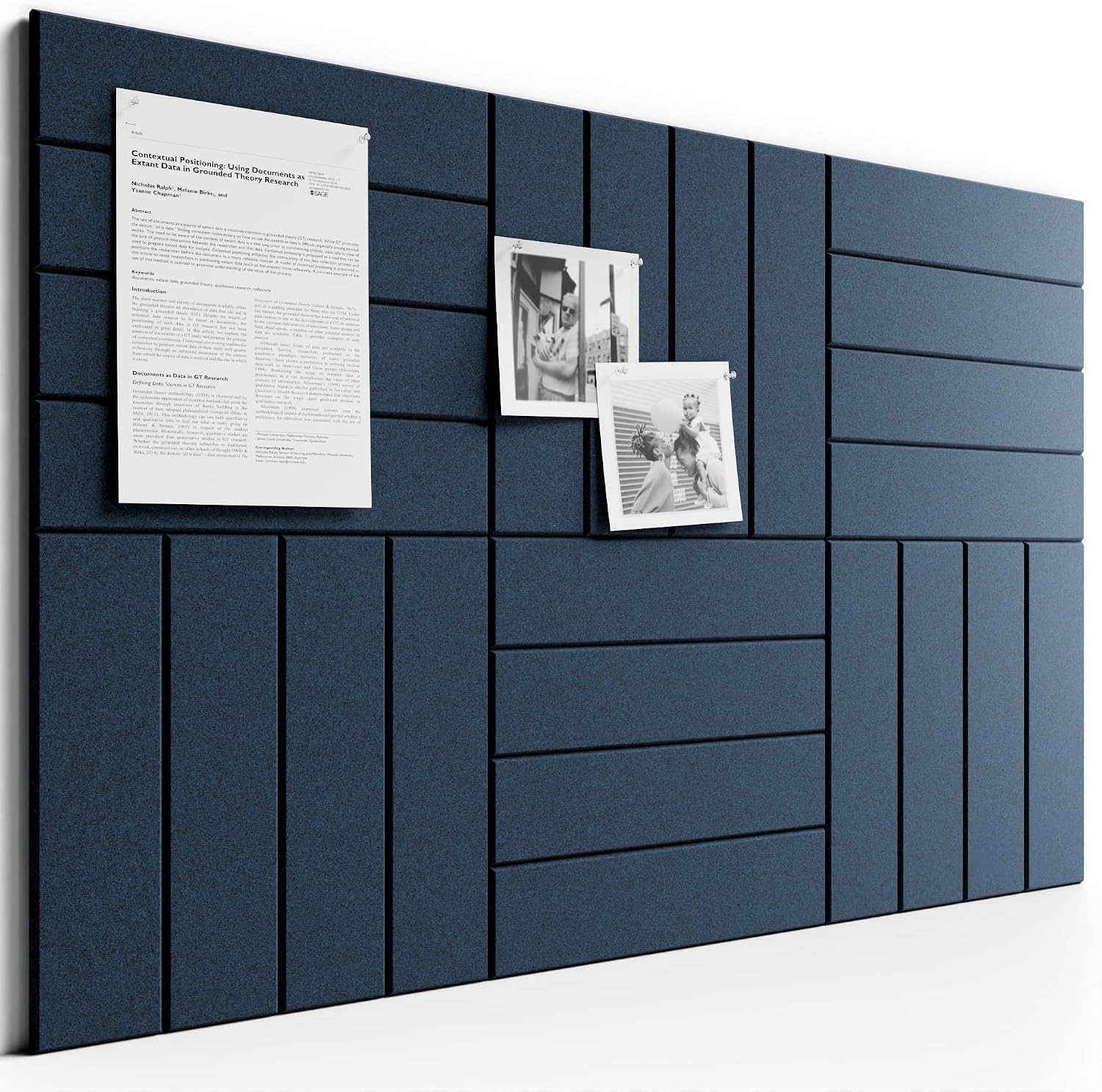 Large Felt Bulletin Board, 36" x 24" Cork Board Alternative, 6-Pack Bold Stripe Felt Wall Tiles with 30 Push Pins and 40 Adhesive Tabs, Ideal for Office, Home & Classroom, Carbon Blue