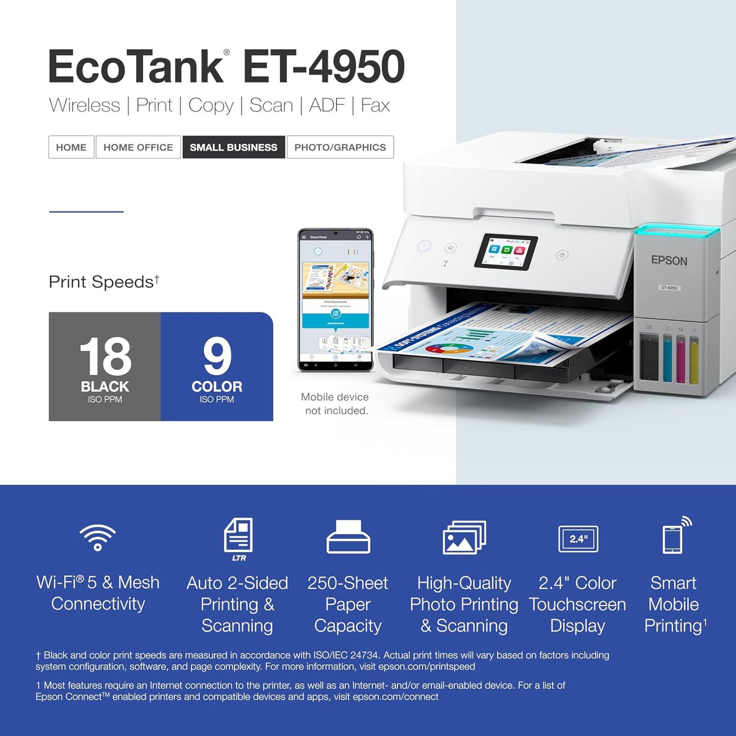 EcoTank ET-4950 Wireless All-in-One Color Supertank Printer with up to 3 Years of Ink Refillable Tanks, Perfect for Office, 18 PPM, 2.4" Colorful Touchscreen, Auto Document Feeder - White