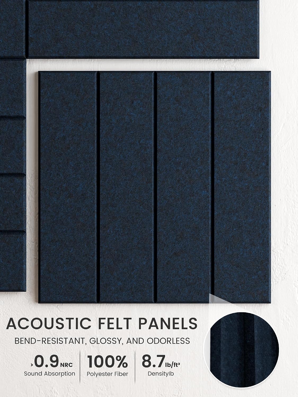 Large Felt Bulletin Board, 48" x 36" Cork Board Alternative, 12-Pack Bold Stripe Felt Wall Tiles with 30 Push Pins and 70 Adhesive Tabs, Ideal for Office, Home & Classroom, Carbon Blue