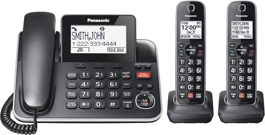 DECT 6.0 2-in-1 Corded/Cordless Phone with Answering Machine, Advanced Call Block (1,000 numbers), and Talking Caller ID - 2 Cordless Handset - KX-TGF872CB (Black)